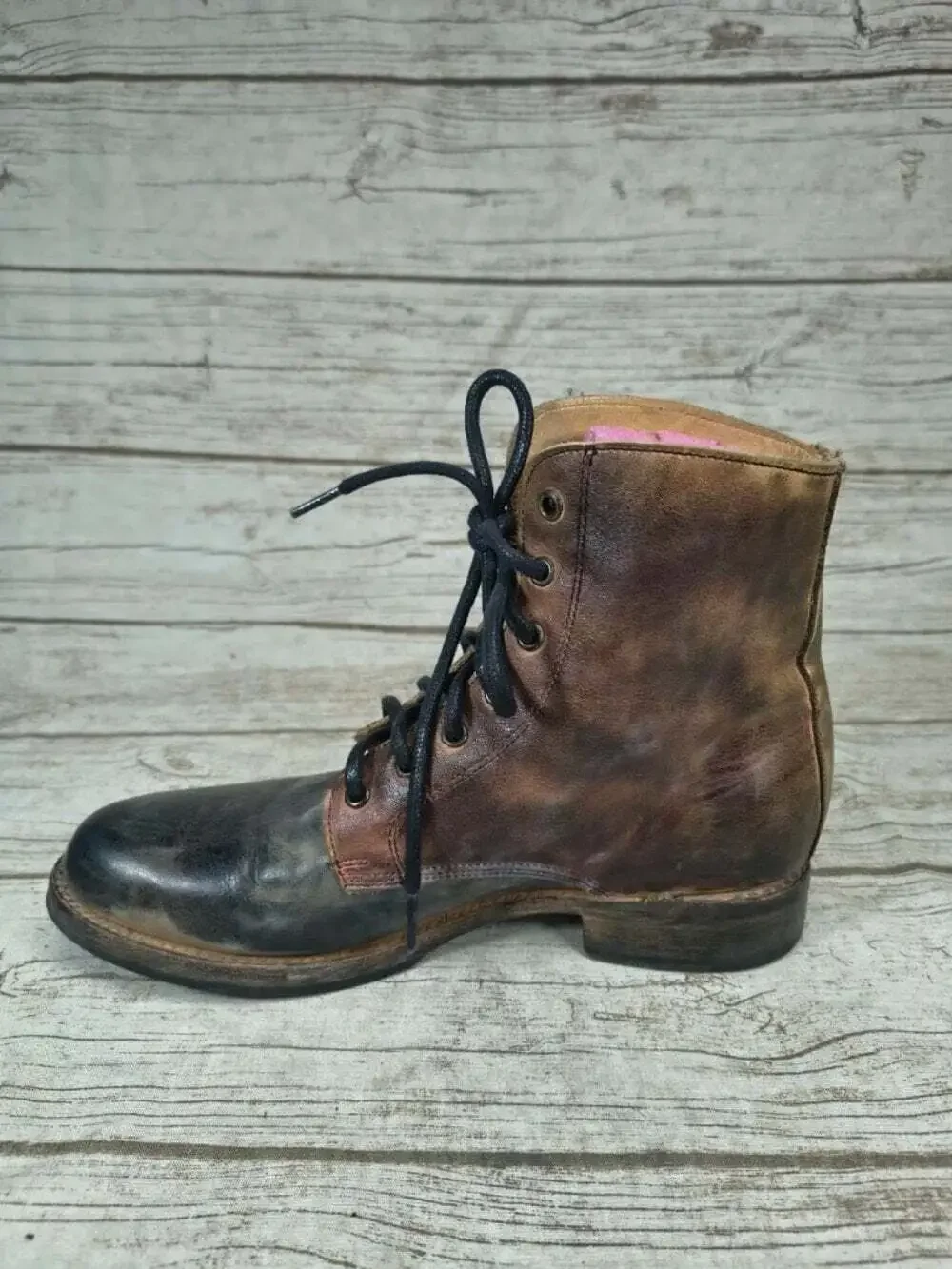 Bed Stu Two Tone Distressed Leather Lace Up Boots 8.5